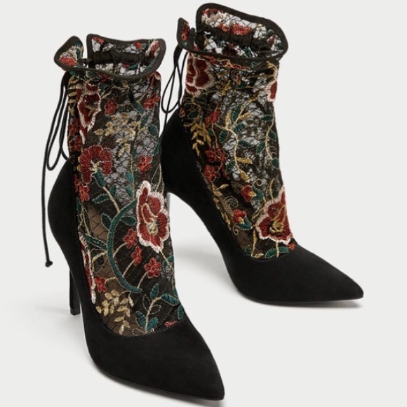 Zara Shoes - NWT Zara Black heels with embroidered stocking